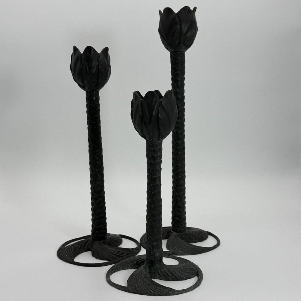 Maitland Smith Set 3‎ Tulip Candlesticks 19" 16" 13" Bronze Patina Art Nouveau